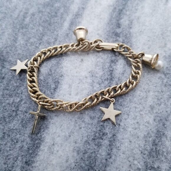 Vintage Charm Bracelet, Gold Tone Links, Stars, Bell, Cross, Estate - Picture 1 of 4